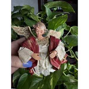 Vintage Paper Mache Angel Figure Fabric Robe Gold Wings Christmas Decor Taiwan